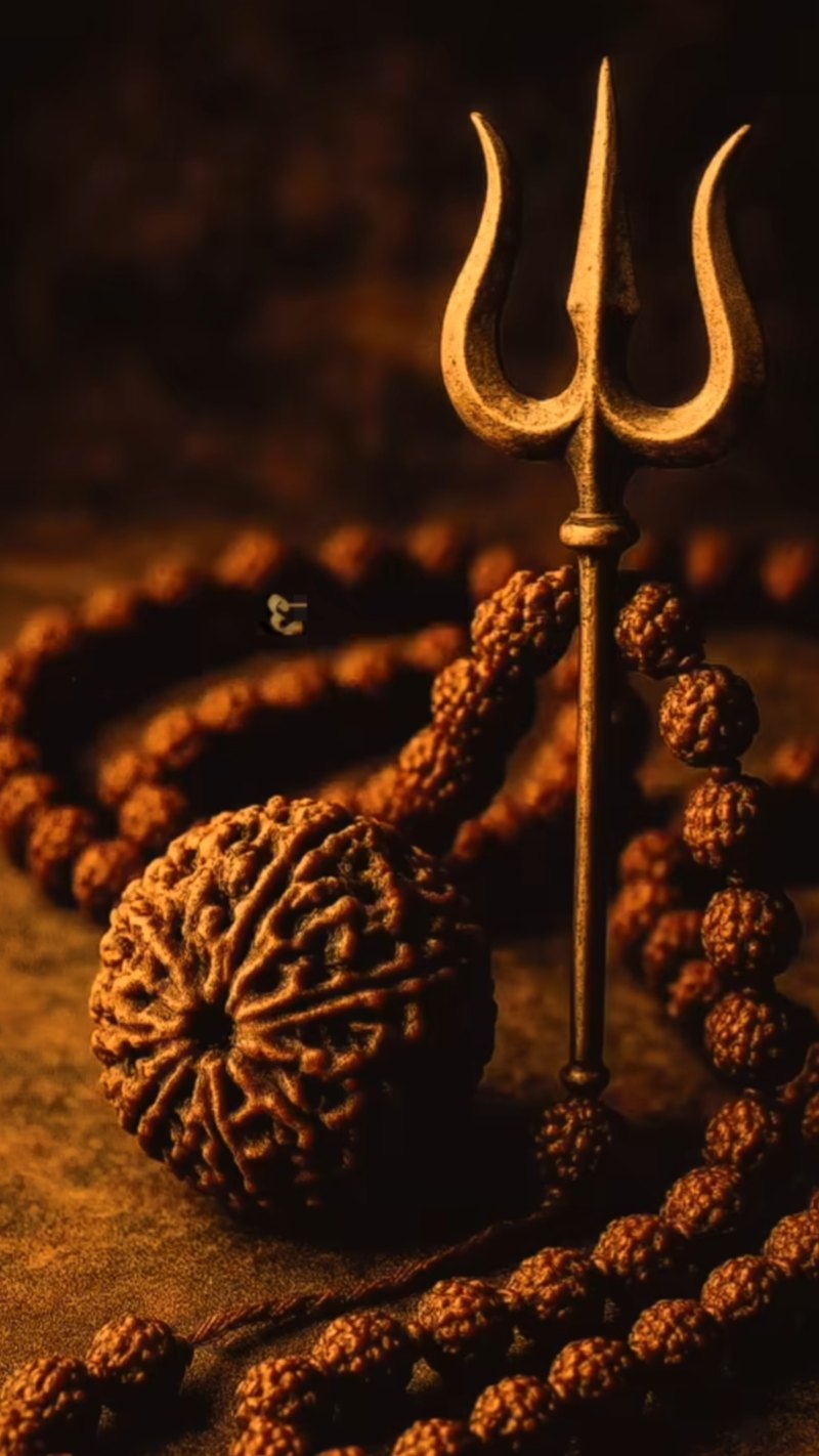 Triśūla e japamālā de rudrākṣa